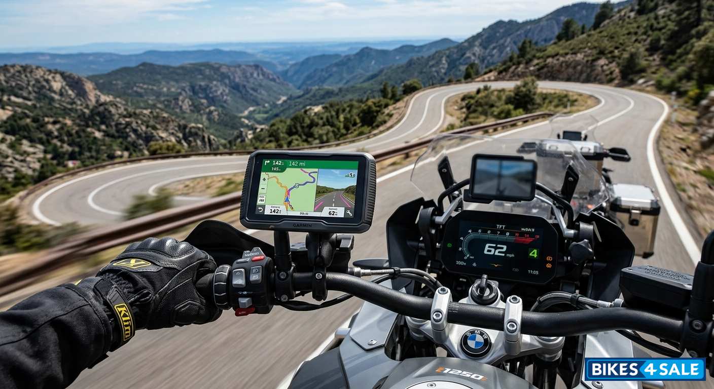 Motorcycle Gps Mounted On Handlebars For Navigation During Long Rides