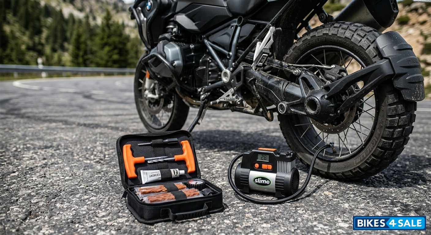 Portable motorcycle tire repair kit and air compressor for emergencies